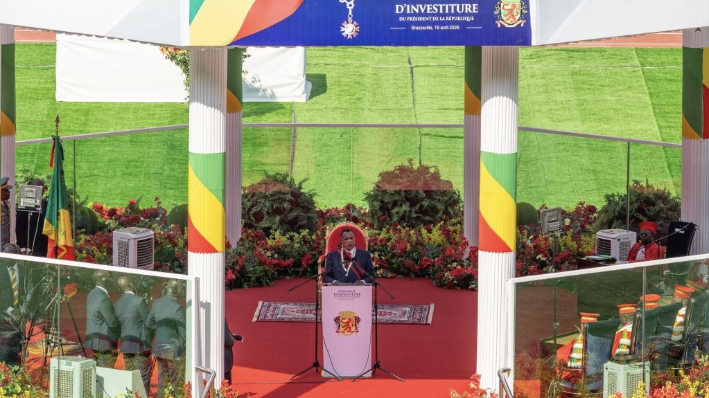 President of the Republic of the Congo Denis Sassou Nguesso delivers an inaugural address during his inauguration ceremony at Kintele Stadium in the northern suburbs of Brazzaville, the Republic of the Congo, April 16, 2026. /Xinhua