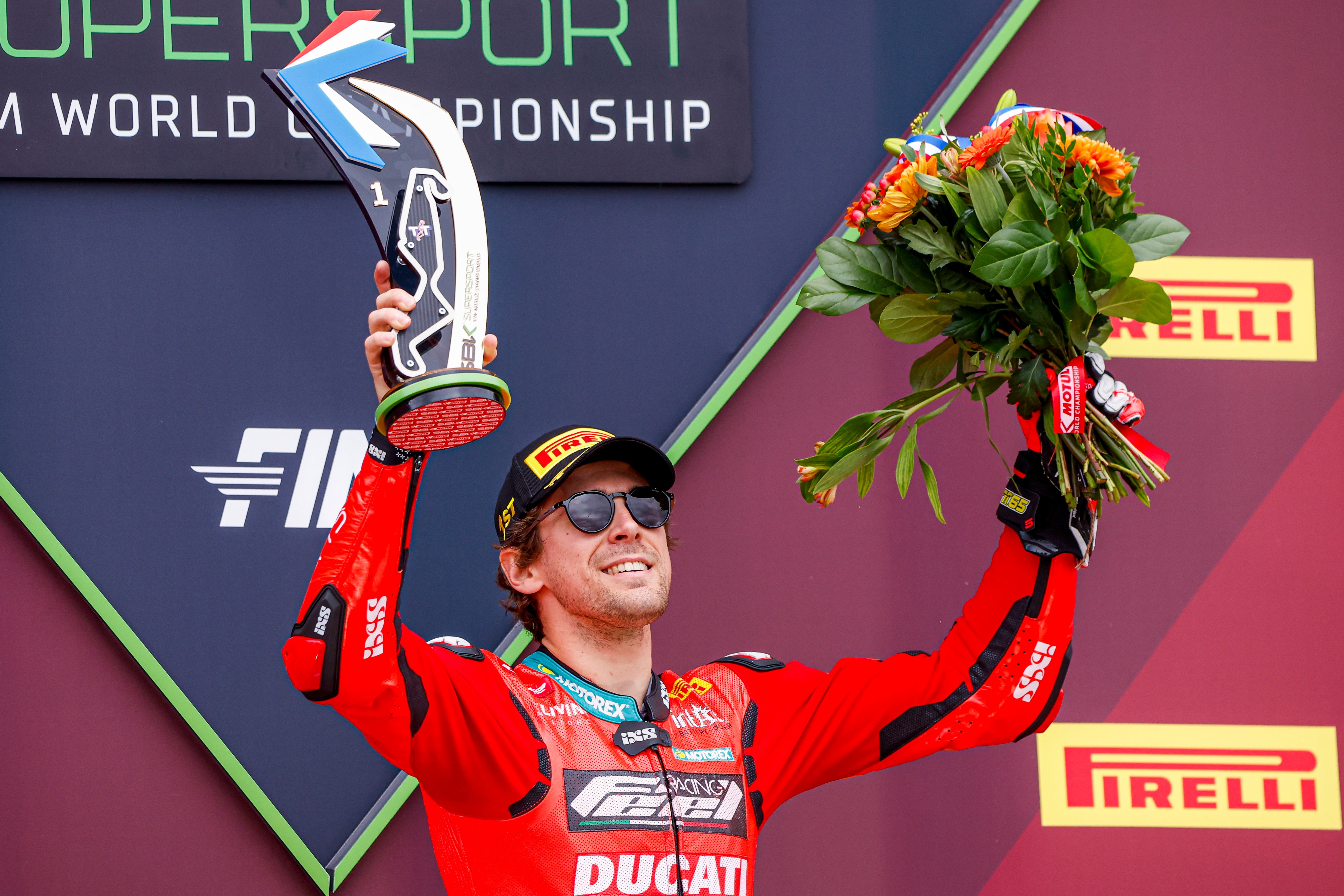 Philipp Öttl of the Feel Racing WorldSSP Team celebrates on the podium after winning Race 2 at the FIM Supersport World Championship in Assen, Netherlands, April 19, 2026. /IC Photo