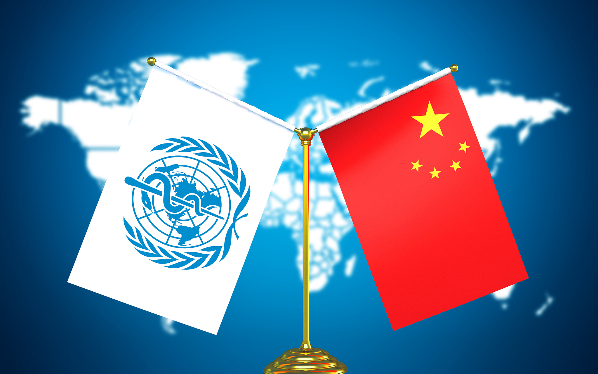 The national flag of the People's Republic of China (R) and the flag of the World Health Organization. /CFP