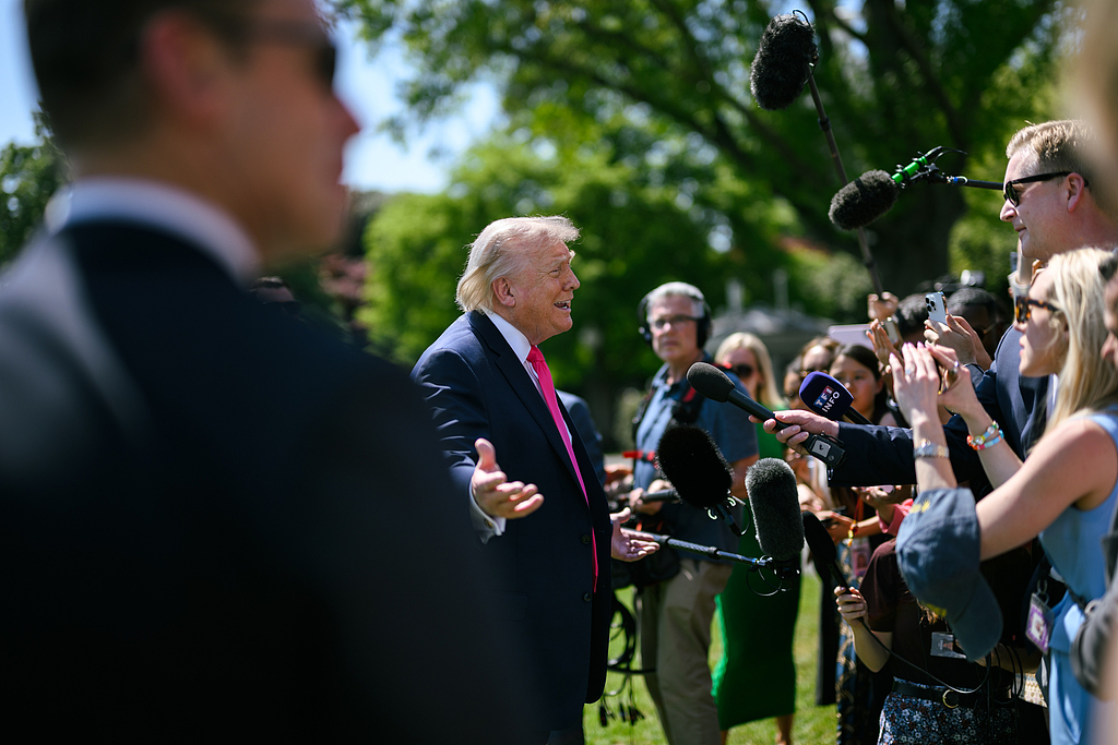 US President Donald Trump speaks with members of the media on the South Lawn of the White House, Washington, DC, April 16, 2026. /VCG