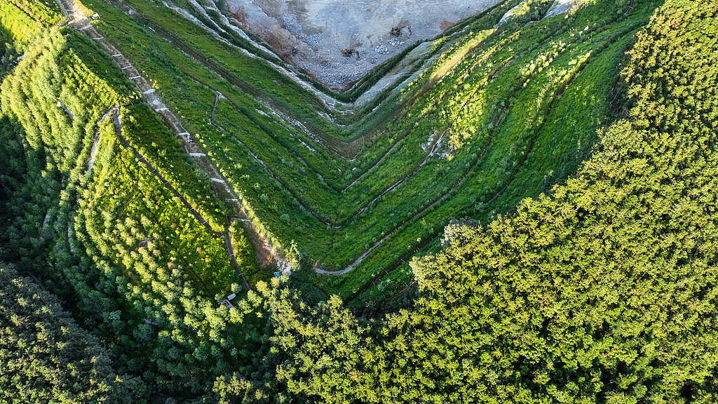Workers water newly planted vegetation at a mine site in Ji'an, east China's Jiangxi Province, August 15, 2022. /VCG