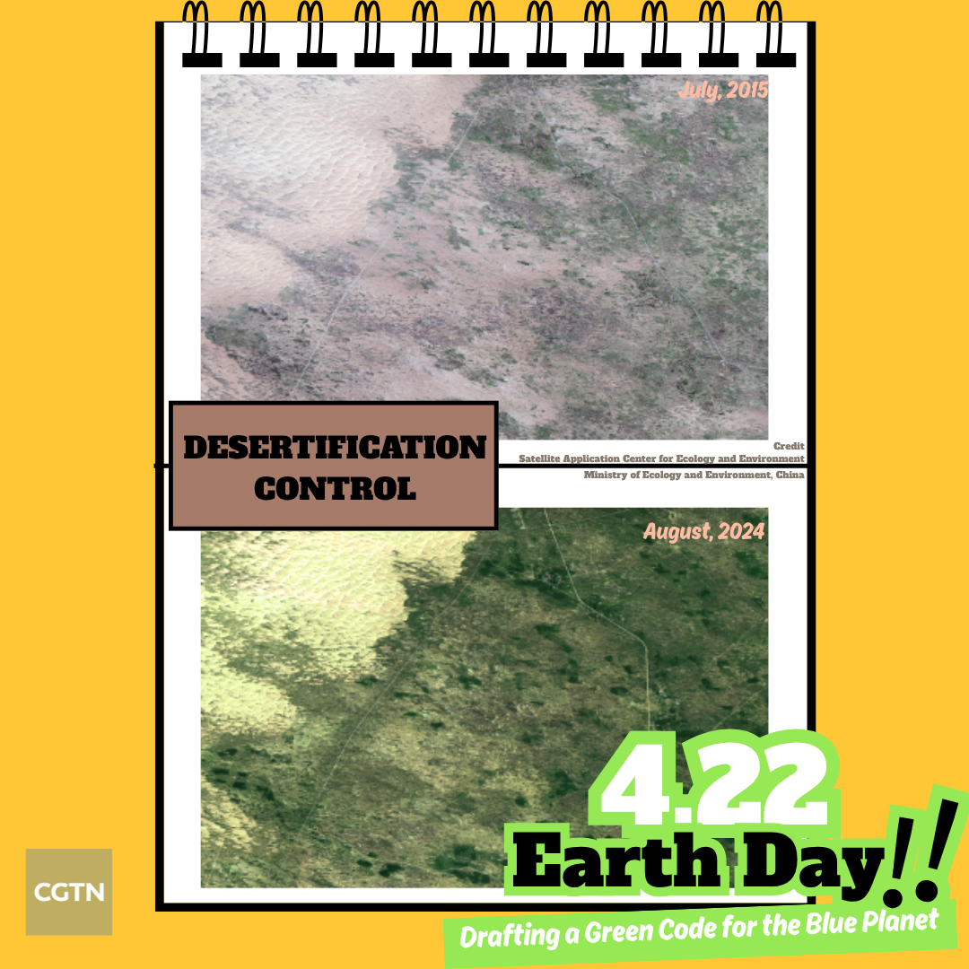 The before-and-after satellite images of desert in Tongliao City in north China's Inner Mongolia Autonomous Region. /Ministry of Ecology and Environment