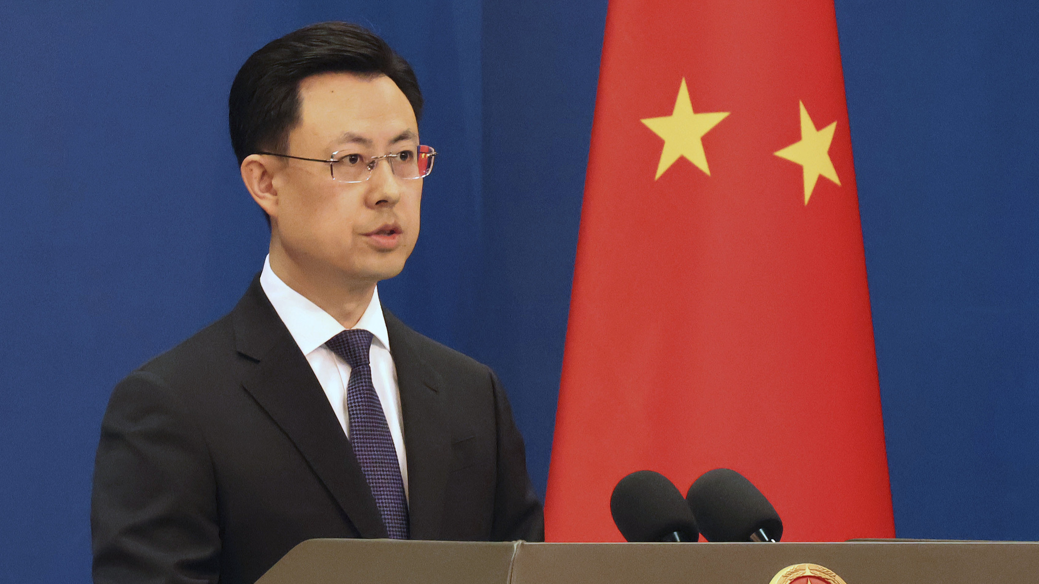 Chinese Foreign Ministry spokesman Guo Jiakun speaks at a press conference in Beijing on April 15, 2026. /VCG