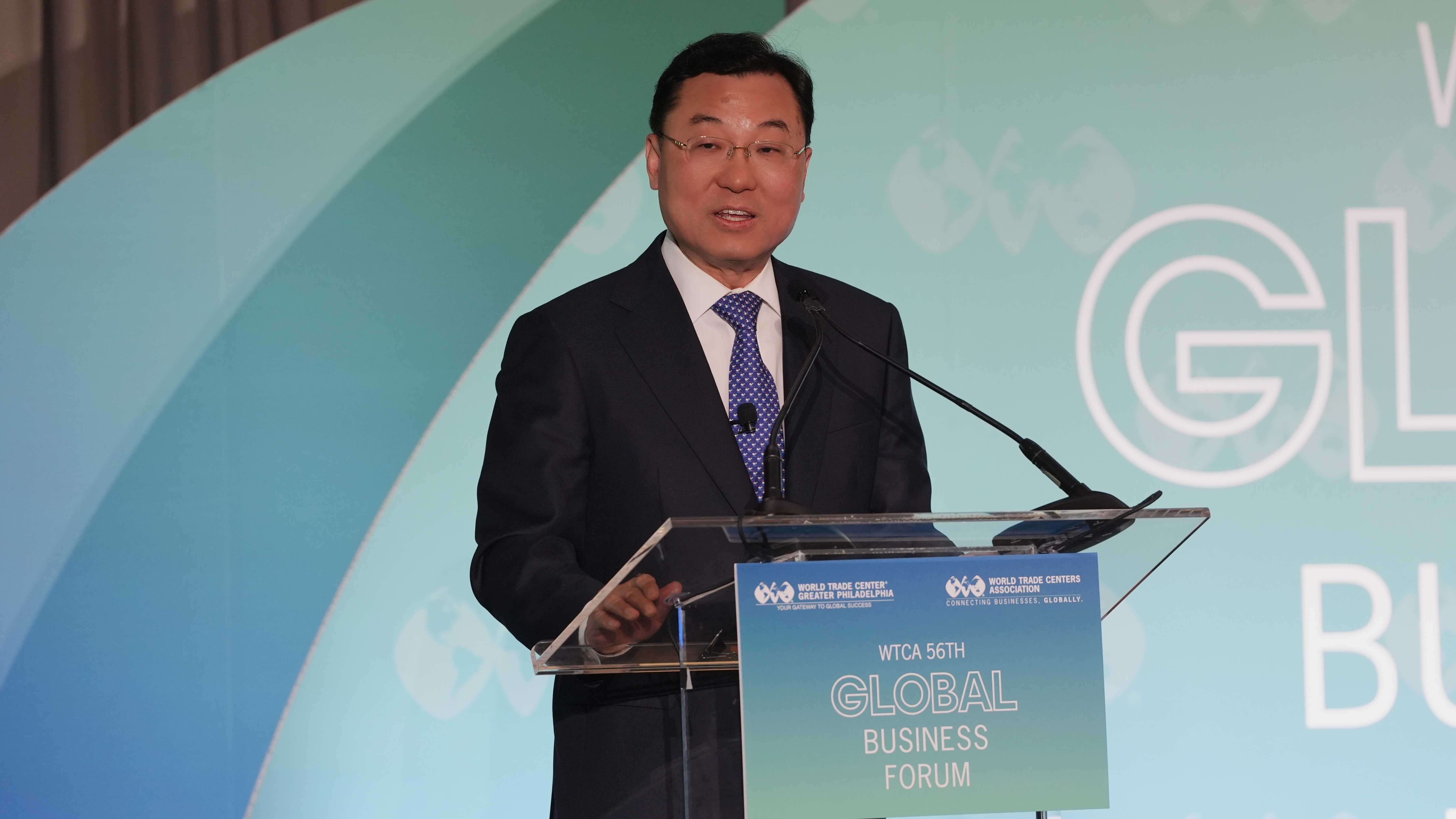 China's ambassador to the US Xie Feng speaks at the opening ceremony of the 56th Global Business Forum of the World Trade Centers Association in Philadelphia, US, April 20, 2026. /China's embassy to the US