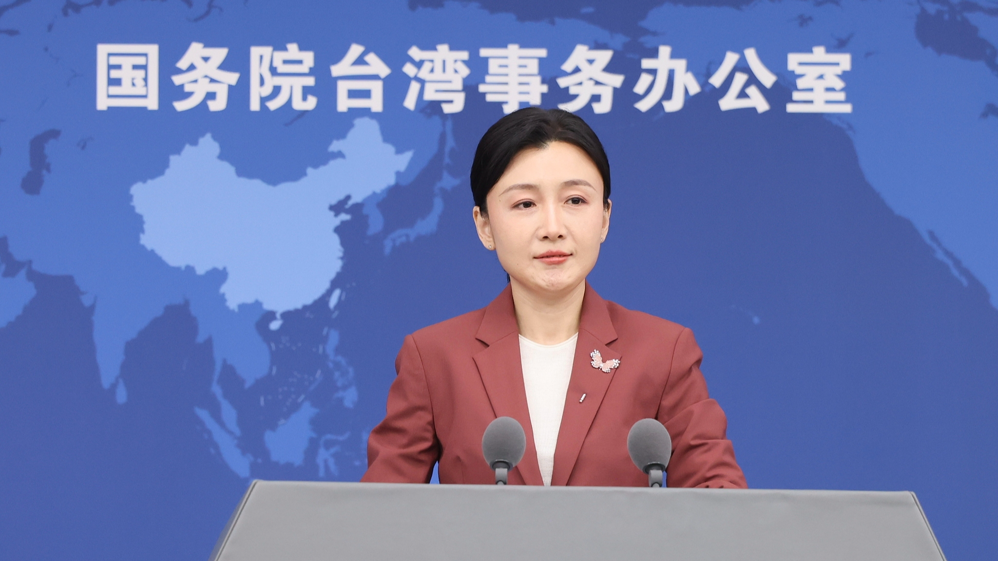 Zhang Han, a spokesperson for the Taiwan Affairs Office of the State Council, as seen during a press conference in Beijing, April 22, 2026. /VCG