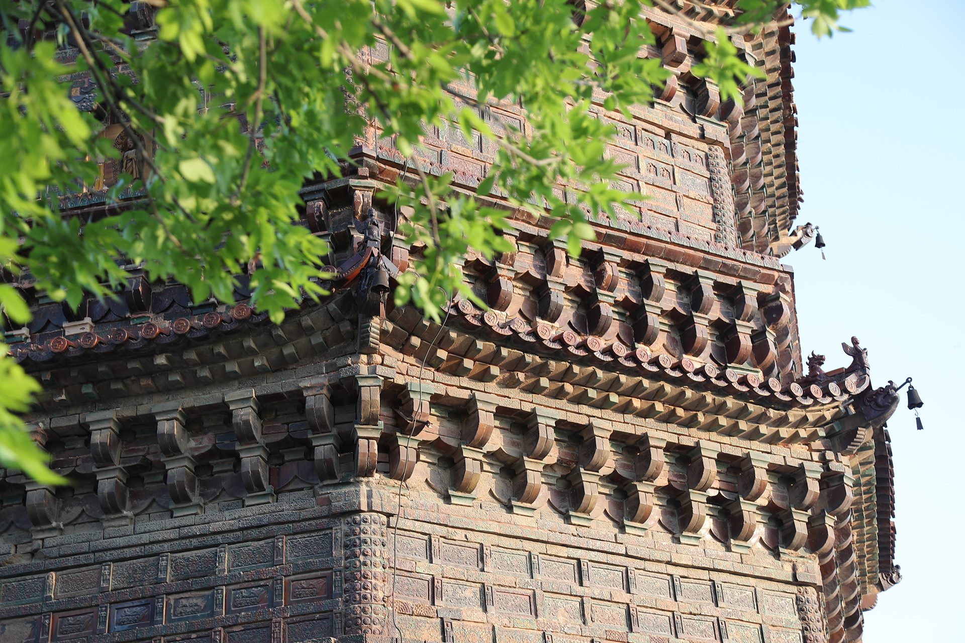 A close-up reveals the details of the Iron Pagoda in Kaifeng, Henan Province. /CGTN