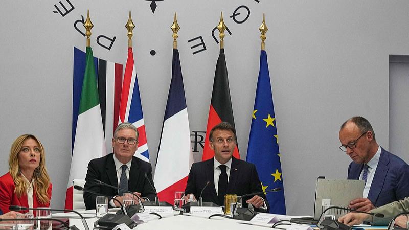 (L to R) Italian Prime Minister Giorgia Meloni, British Prime Minister Keir Starmer, French President Emmanuel Macron and German Chancellor Friedrich Merz attend an international summit on efforts to reopen the Strait of Hormuz at the Elysee Palace in Paris, France, April 17, 2026. /VCG