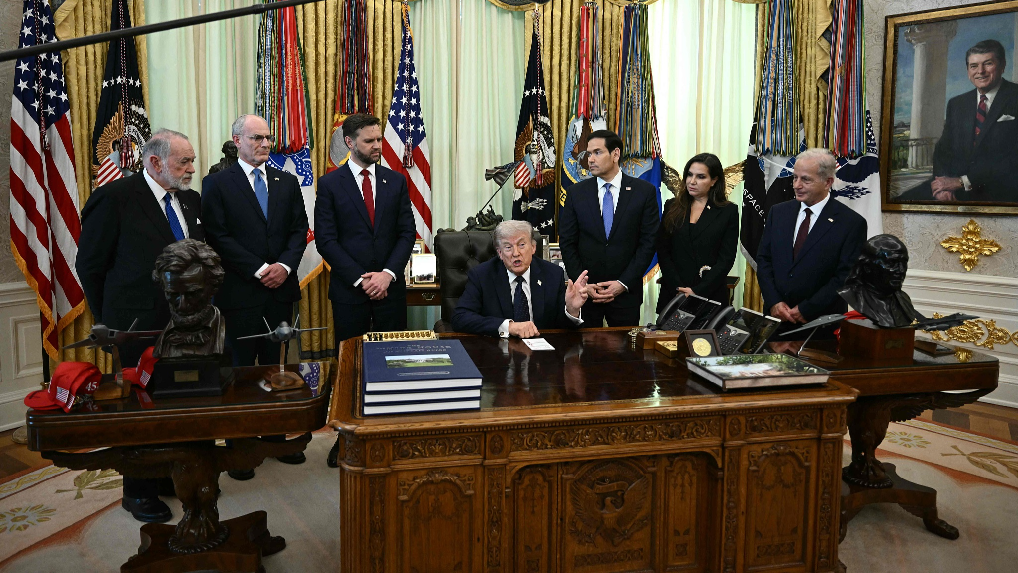 (L-R) US Ambassador to Israel Mike Huckabee, Israel Ambassador to US Yechiel Leiter, US Vice President JD Vance, US Secretary of State Marco Rubio, Lebanon Ambassador to the US Nada Hamadeh Moawad and US Ambassador to Lebanon Michel Issa listen as US President Donald Trump speaks during a meeting with Lebanon Ambassador to the US and Israel Ambassador to the US, at the White House in Washington, DC, US, April 23, 2026. /VCG