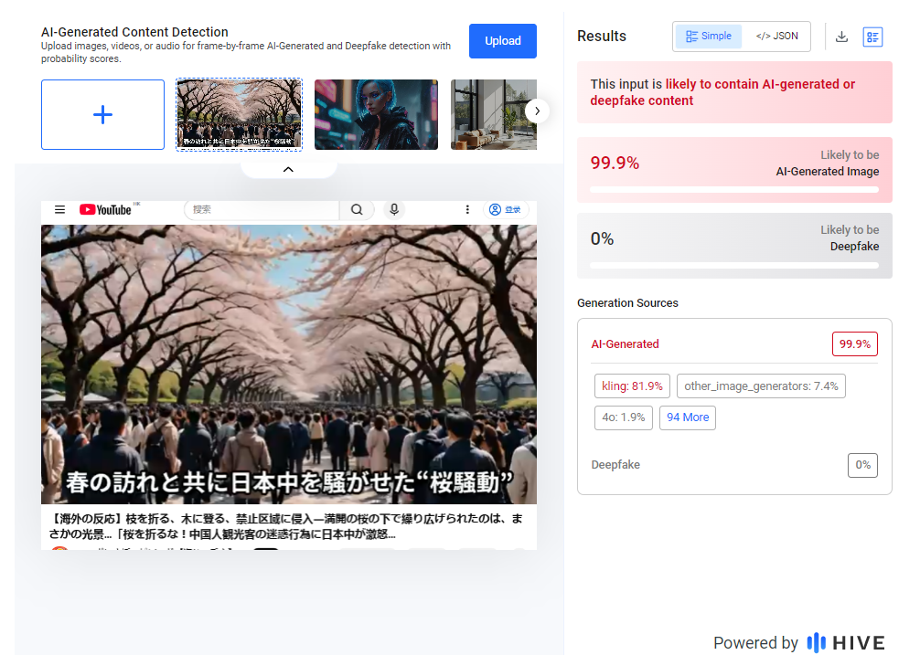 The AI detection results for the image from @ニッポン応援エピソード【海外の反応】 determined it is 99.9% likely AI-generated.