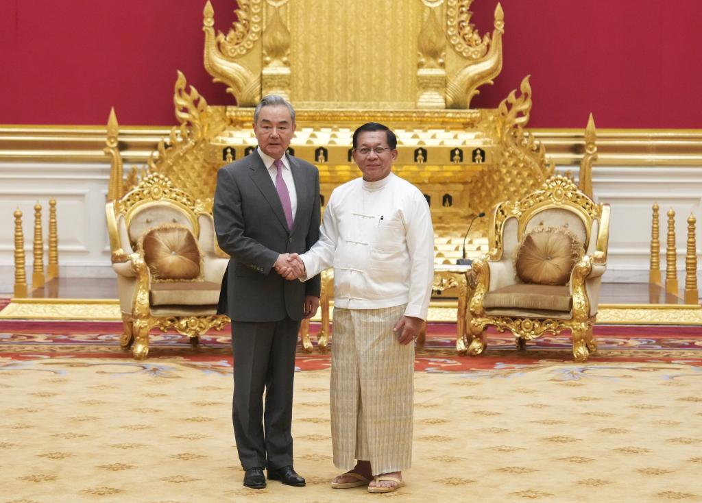 Myanmar's new President U Min Aung Hlaing meets with Wang Yi, a member of the Political Bureau of the Communist Party of China Central Committee and Chinese Foreign Minister, in Nay Pyi Taw, Myanmar, April 25, 2026. /Xinhua