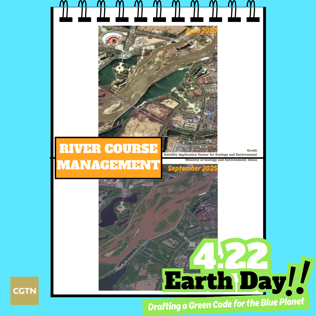 The before-and-after satellite images of the riverbank in Wuzhong City in northwest China's Ningxia Hui Autonomous Region. /Ministry of Ecology and Environment