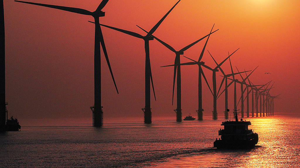 Wind farm service vessels inspect and maintain offshore wind farms, Nantong, east China's Jiangsu Province, March 25, 2025. /VCG