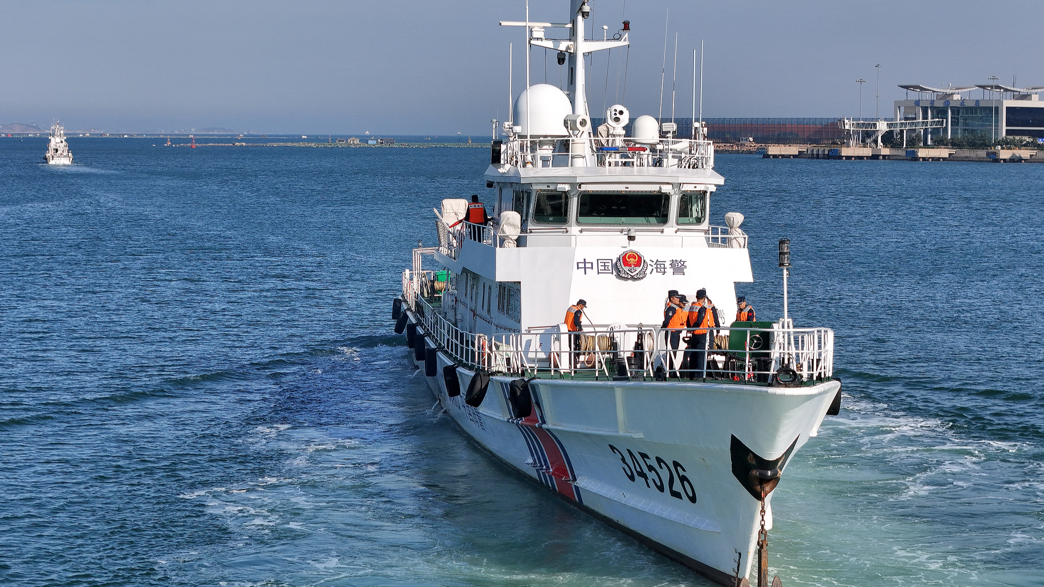 A China Coast Guard vessel departs from the dock to prepare for patrol in Yantai, east China's Shandong Province, April 28, 2026. /VCG