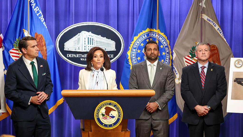US Attorney for the District of Columbia Jeanine Pirro speaks as Acting Attorney General Todd Blanche, FBI Director Kash Patel and Acting Assistant Director for the Criminal Investigative Division at the FBI Darren Cox listen at a press conference at the Department of Justice in Washington, D.C., US, April 27, 2026. /VCG