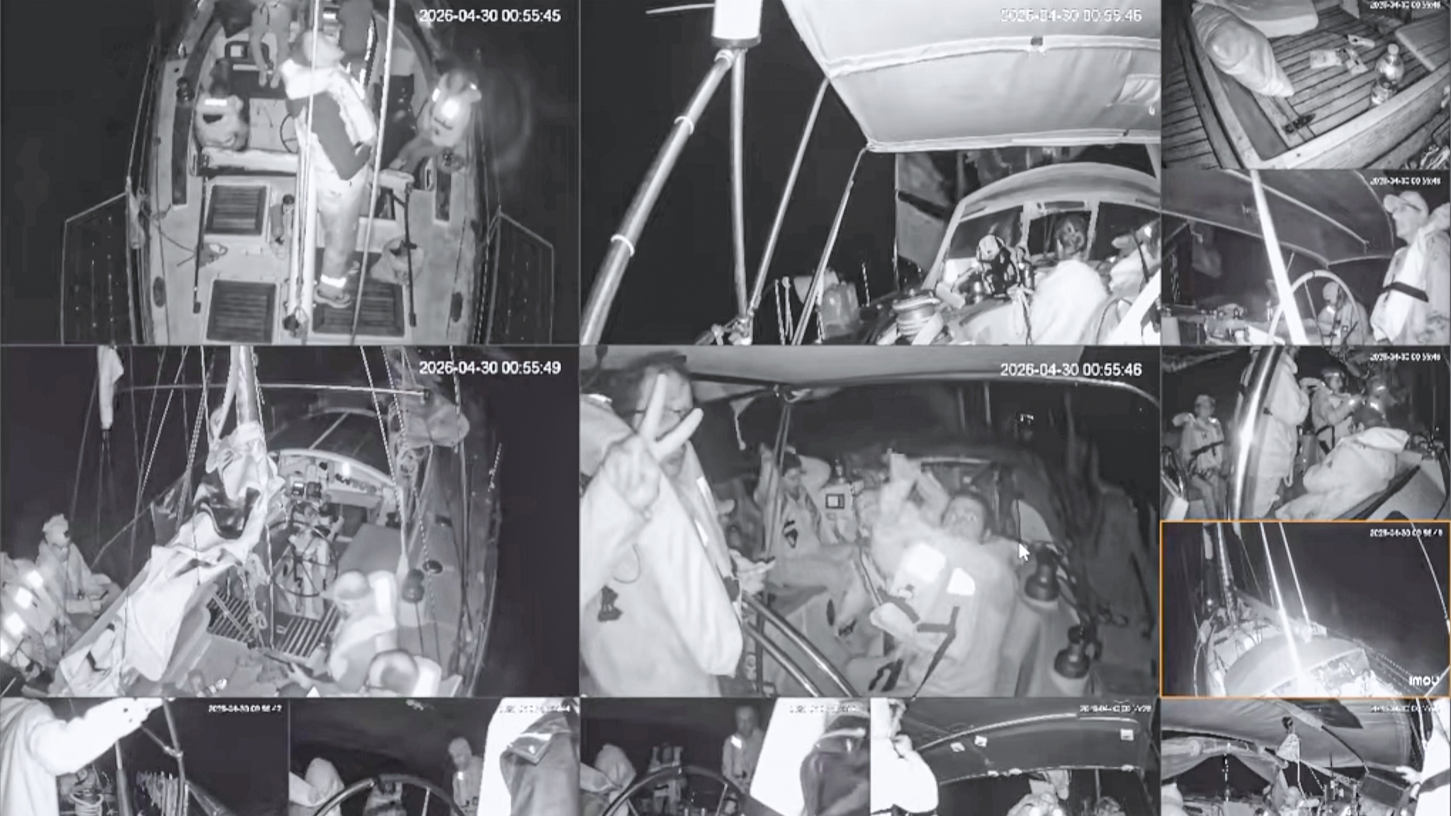 A screen grab from CCTV videos show crew of the Spring 2026 mission of the Global Sumud Flotilla, which set sail to deliver humanitarian aid to Gaza, Palestine, April 30, 2026. /VCG