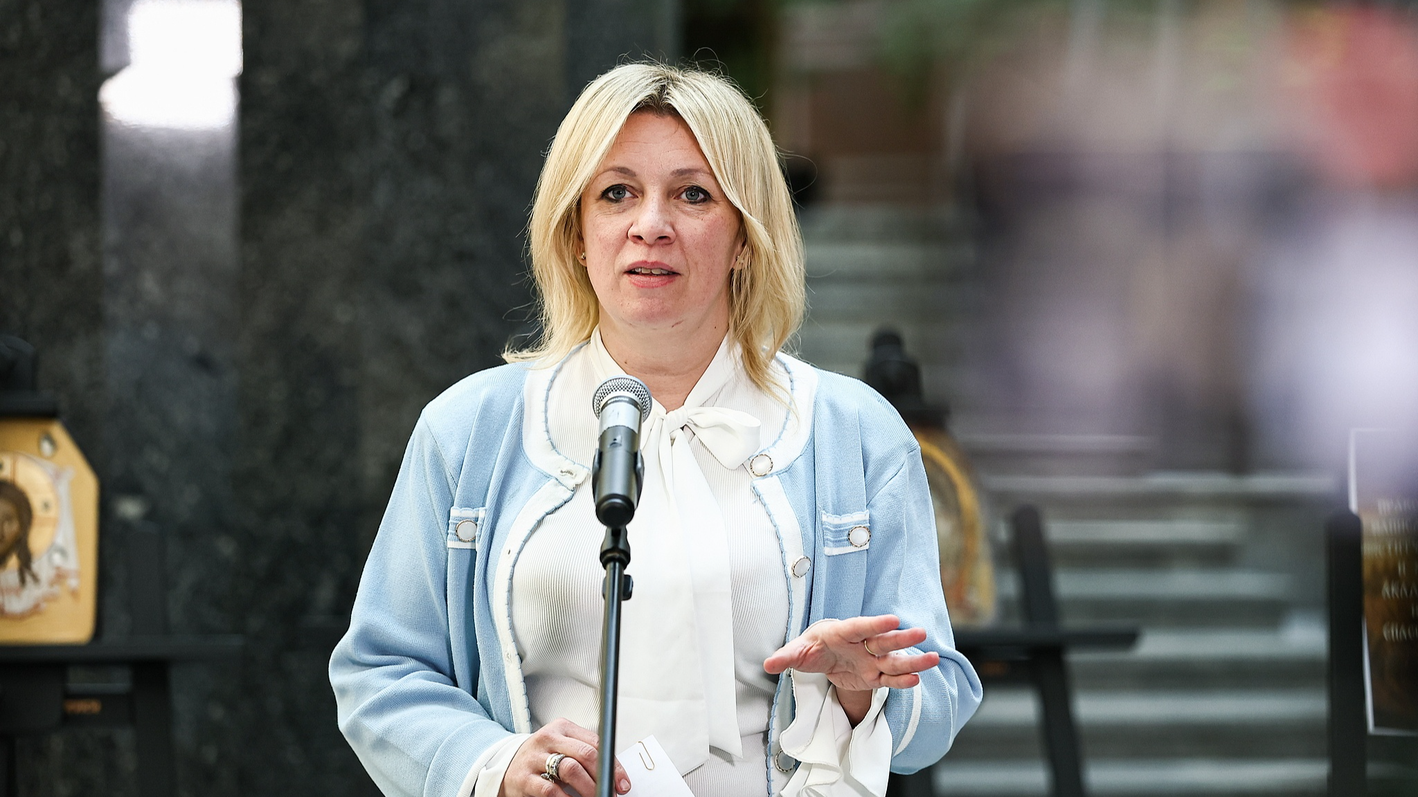 Russian Foreign Ministry spokesperson Maria Zakharova speaks at the opening of an exhibition of Orthodox images, Moscow, April 22, 2026. /VCG