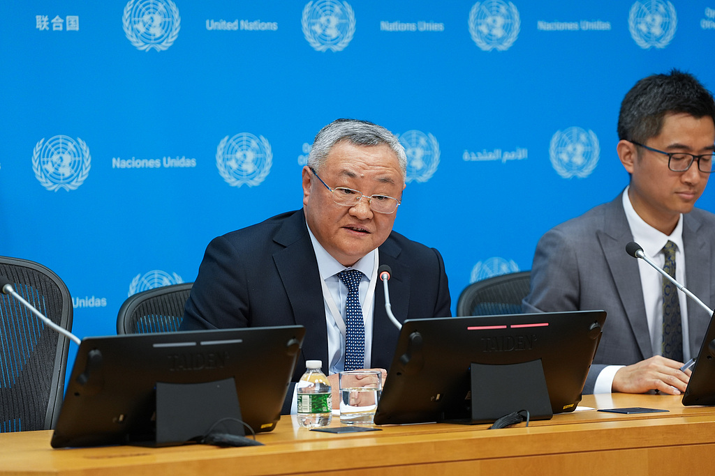 China's Permanent Representative to the UN Fu Cong addresses media as China takes over UN Security Council presidency at the UN headquarters, New York, May 1, 2026. /VCG