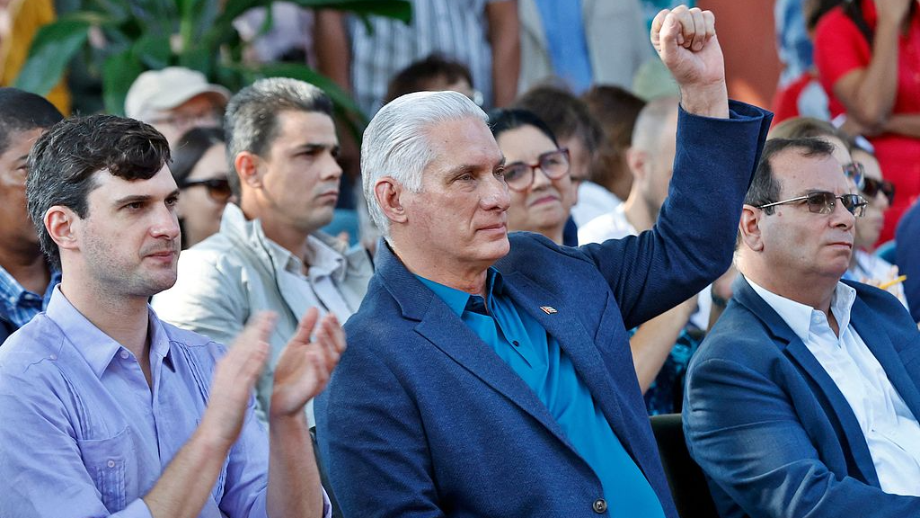 Cuban President Miguel Diaz-Canel raises his fist during an event at the Cuban Institute of Friendship with the Peoples (ICAP) in Havana, March 21, 2026. /VCG