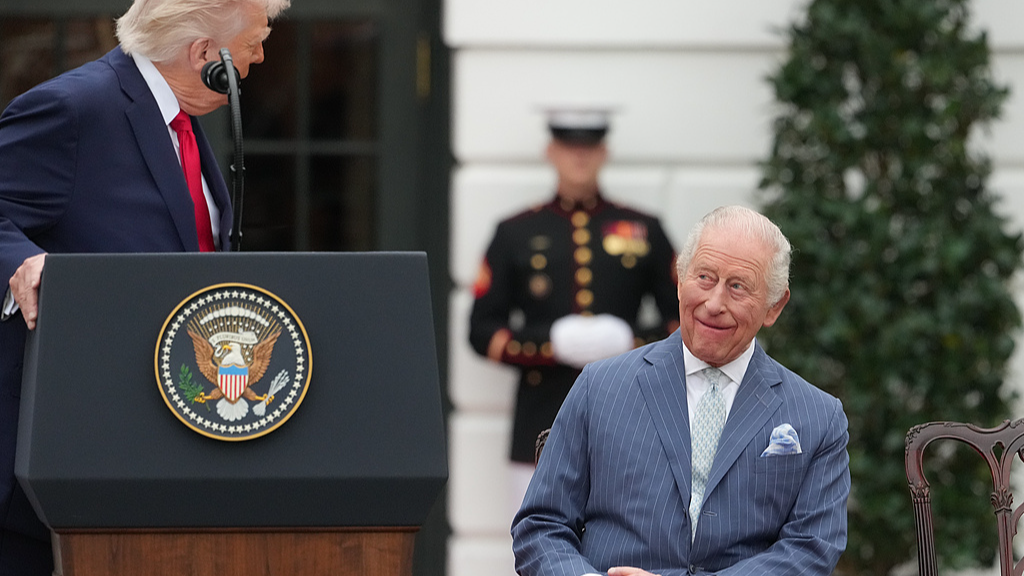 Britain's King Charles III listens as President Donald Trump speaks during a State Visit arrival ceremony on the South Lawn of the White House, Washington, D.C., US, April 28, 2026. /VCG