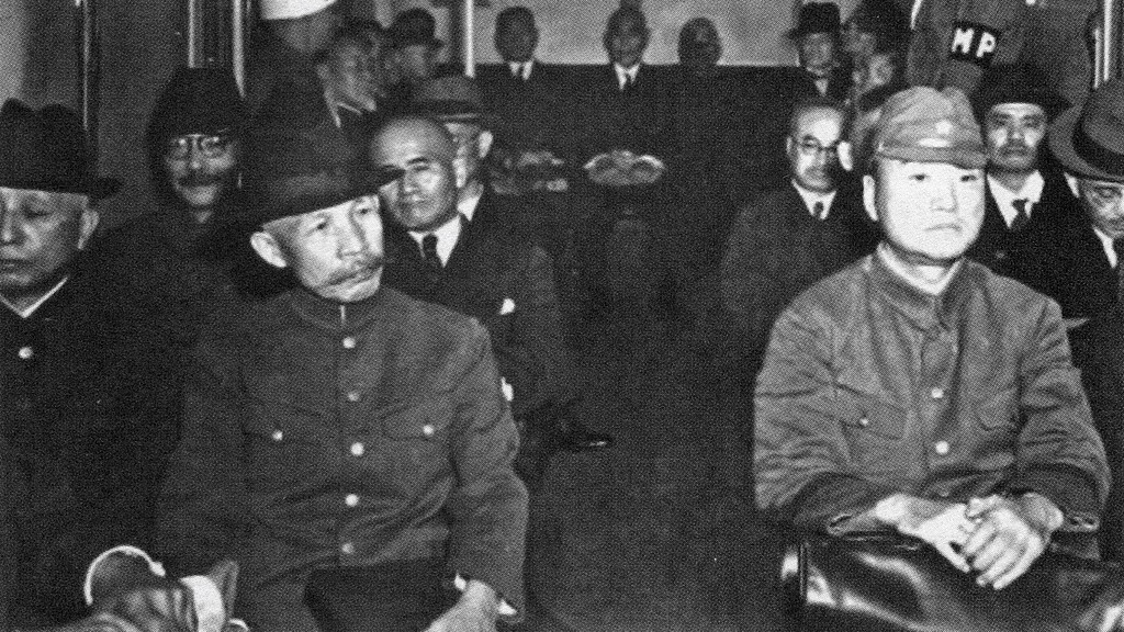 Class-A war criminal Hideki Tojo of Japan (second row, first from the left) is seen at the first session of the International Military Tribunal for the Far East, Tokyo, Japan, May 3, 1946. /VCG