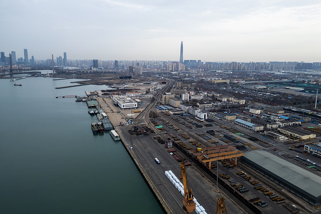 An aerial view of Tianjin Port in Tianjin, China, March 30, 2026. A direct shipping route to South Africa was launched from Tianjin Port on April 18, 2026. /VCG