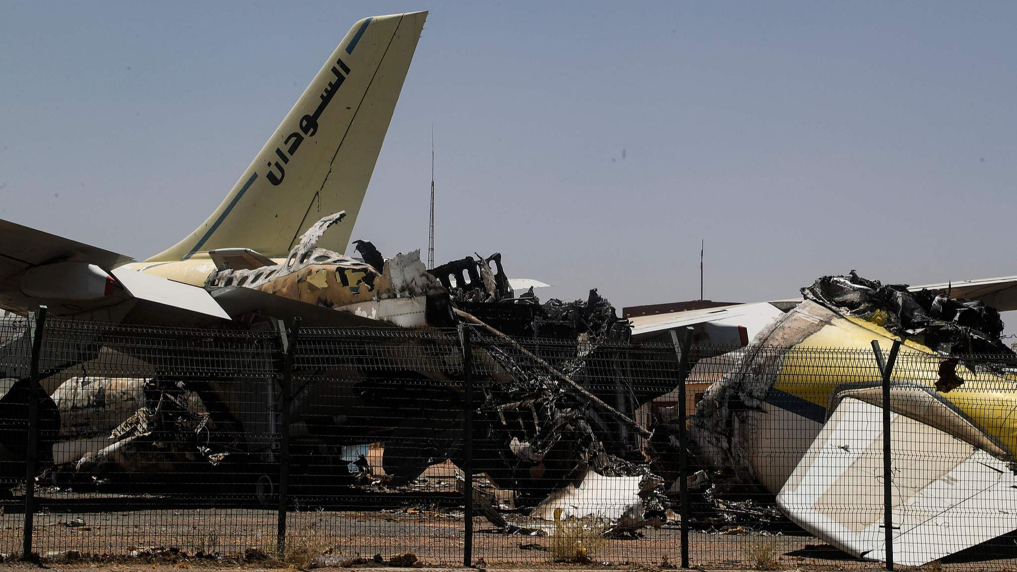 Heavily damaged aircraft seen at Khartoum International Airport in Khartoum, Sudan, on April 28, 2026. /VCG