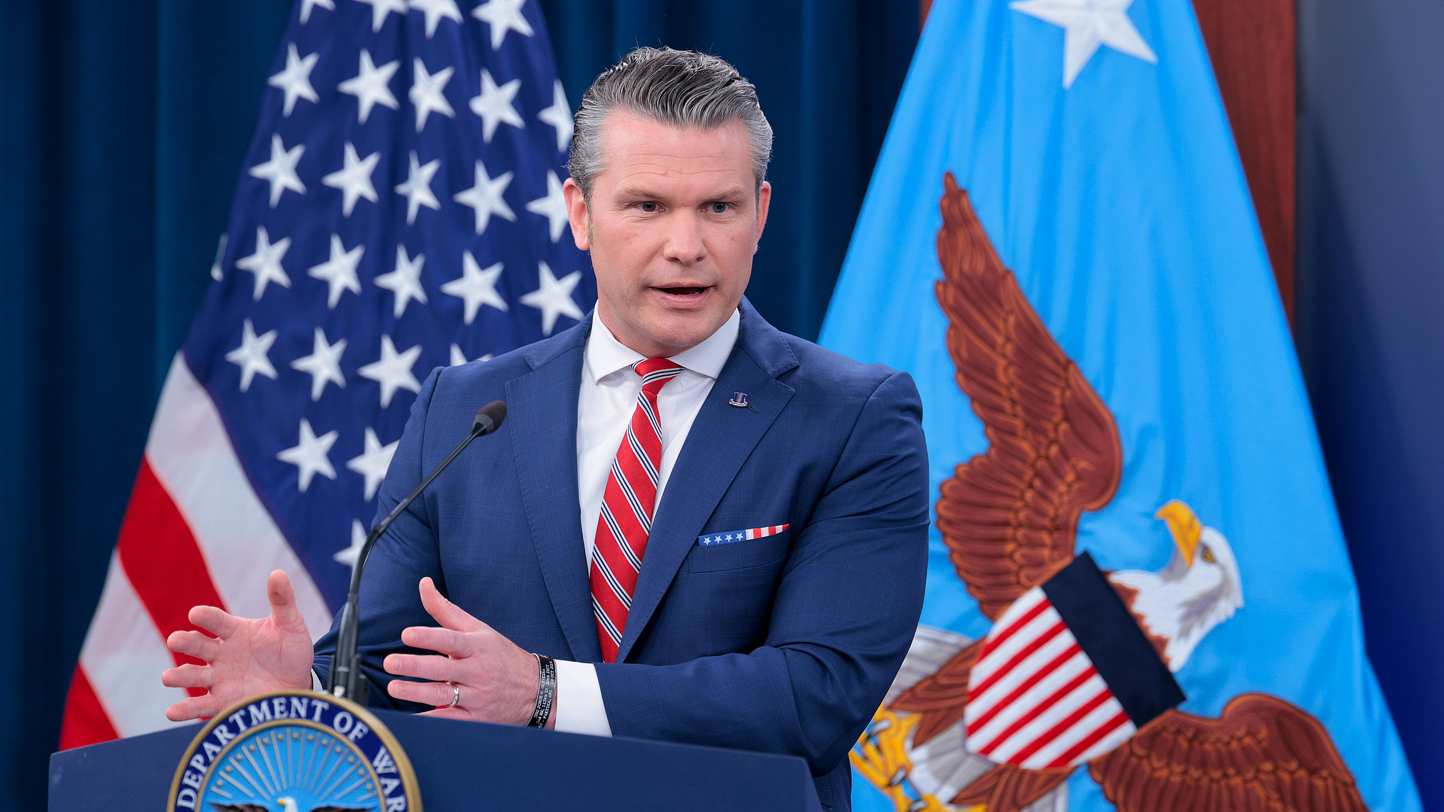 US Defense Secretary Pete Hegseth speaks to reporters during a press briefing at the Pentagon in Arlington, Virginia, US, May 5, 2026. /VCG