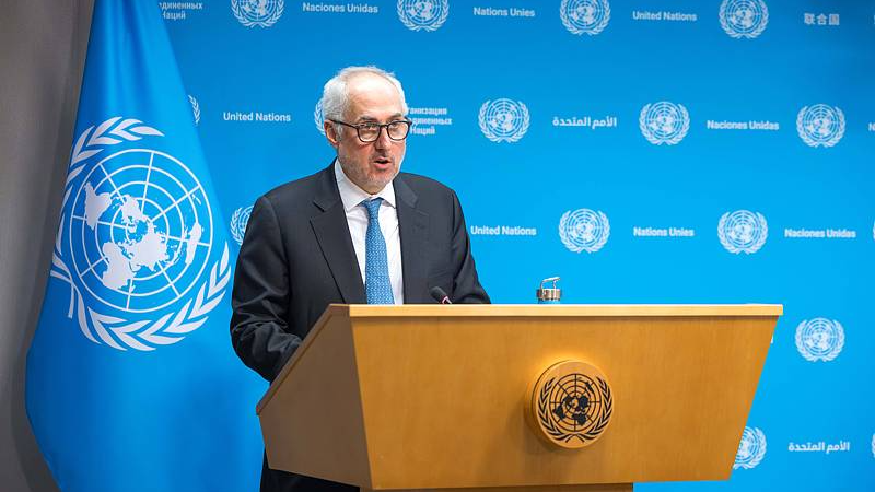 File photo of Stephane Dujarric, spokesman for UN Secretary-General Antonio Guterres, speaks at a press conference at the UN headquarters in New York. /VCG