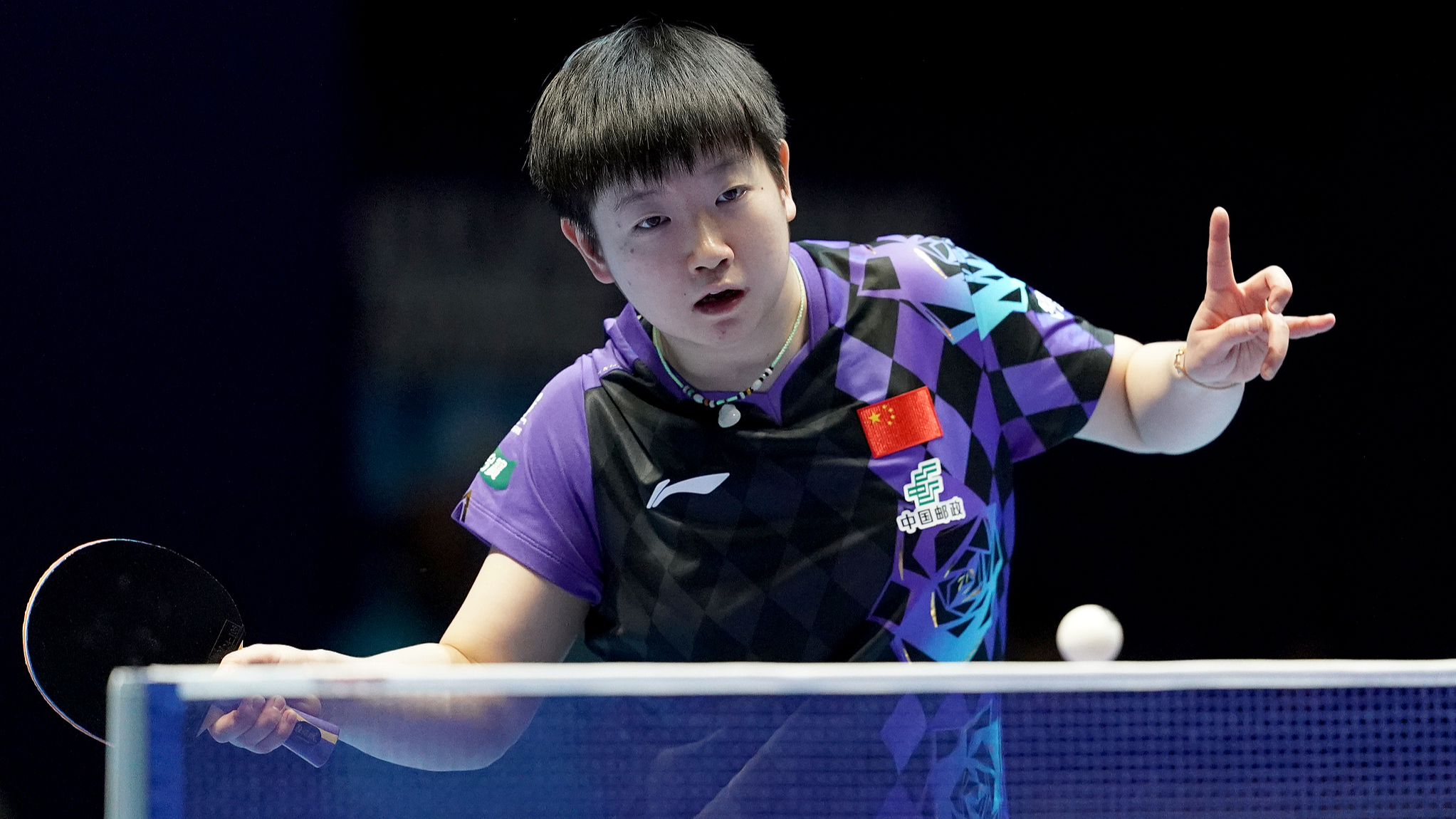 Sun Yingsha of China hits a return in the singles match against Kim Nayeong of ROK during the women's team quarterfinal match at the ITTF World Team Table Tennis Championship Finals in London, England, May 7, 2026. /VCG