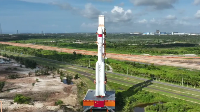 The combination of China's Tianzhou-10 cargo spacecraft and a Long March-7 Y11 carrier rocket is being transported vertically, south China's Hainan Province, May 8, 2026. /CMG