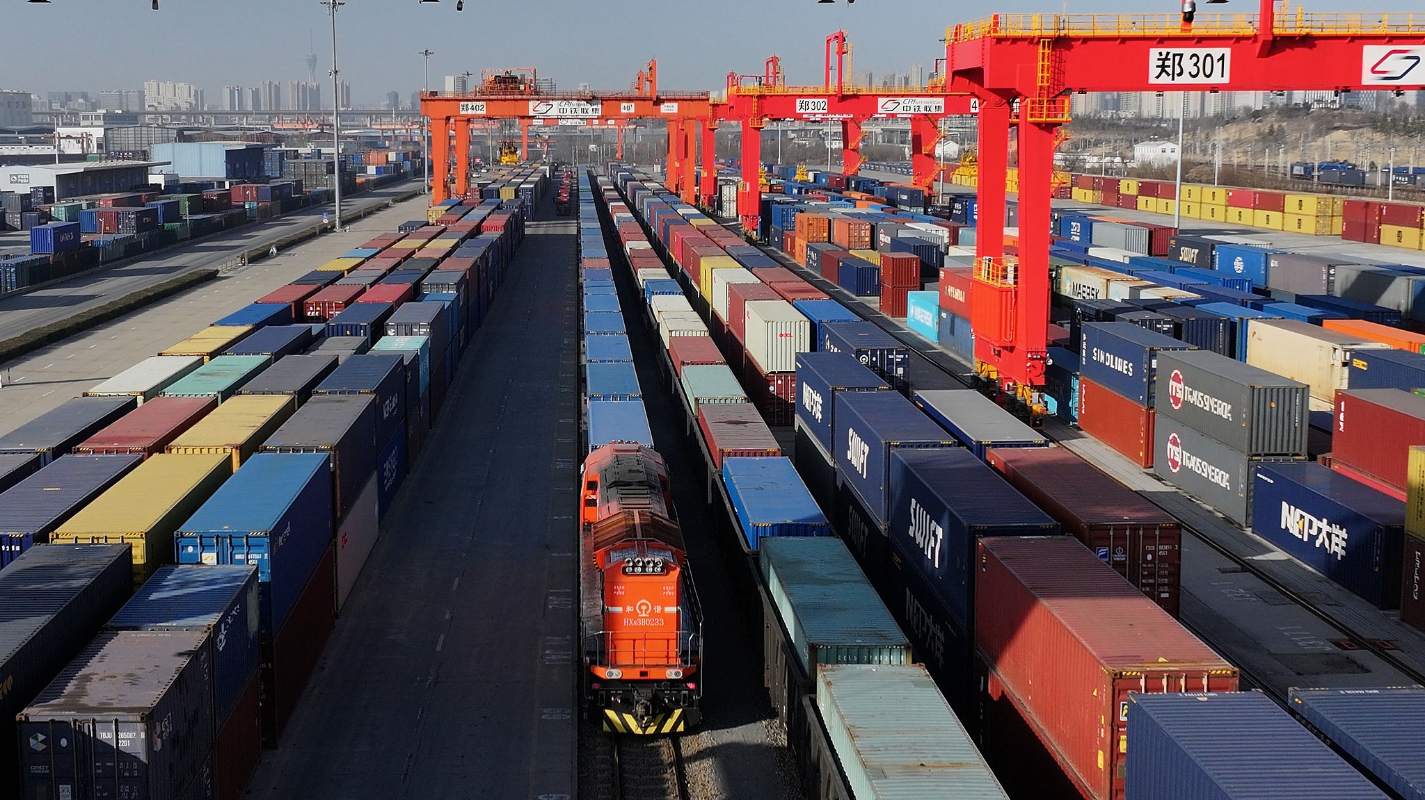 The Zhengzhou Central Station of China Railway United Logistics, the core operating hub and departure yard of the China-Europe freight train service linking Zhengzhou and Europe, central China's Henan Province, January 13, 2026. /VCG
