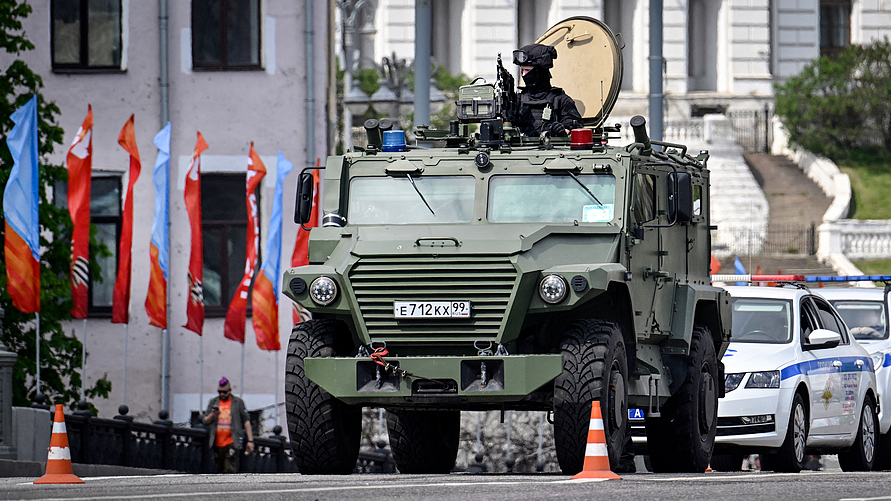 A Russian Federal Guard Service armored vehicle patrols central Moscow, Russia, on May 5, 2026. The Victory Day military parade will be held in Moscow on May 9, 2026. /VCG