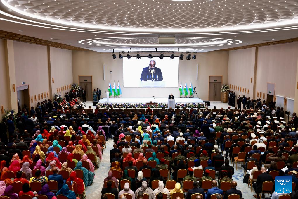 Djibouti President Ismail Omar Guelleh delivers a speech during his inauguration ceremony at the People's Palace in Djibouti City, Djibouti, May 9, 2026. /Xinhua