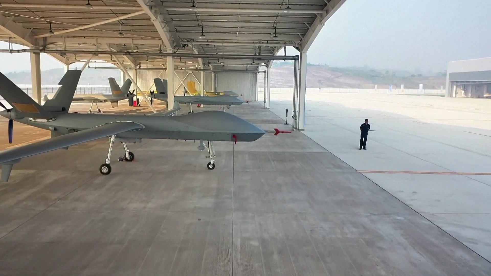 Wing Loong-2 large UAVs parked near Zigong City, southwest China's Sichuan Province. /VCG