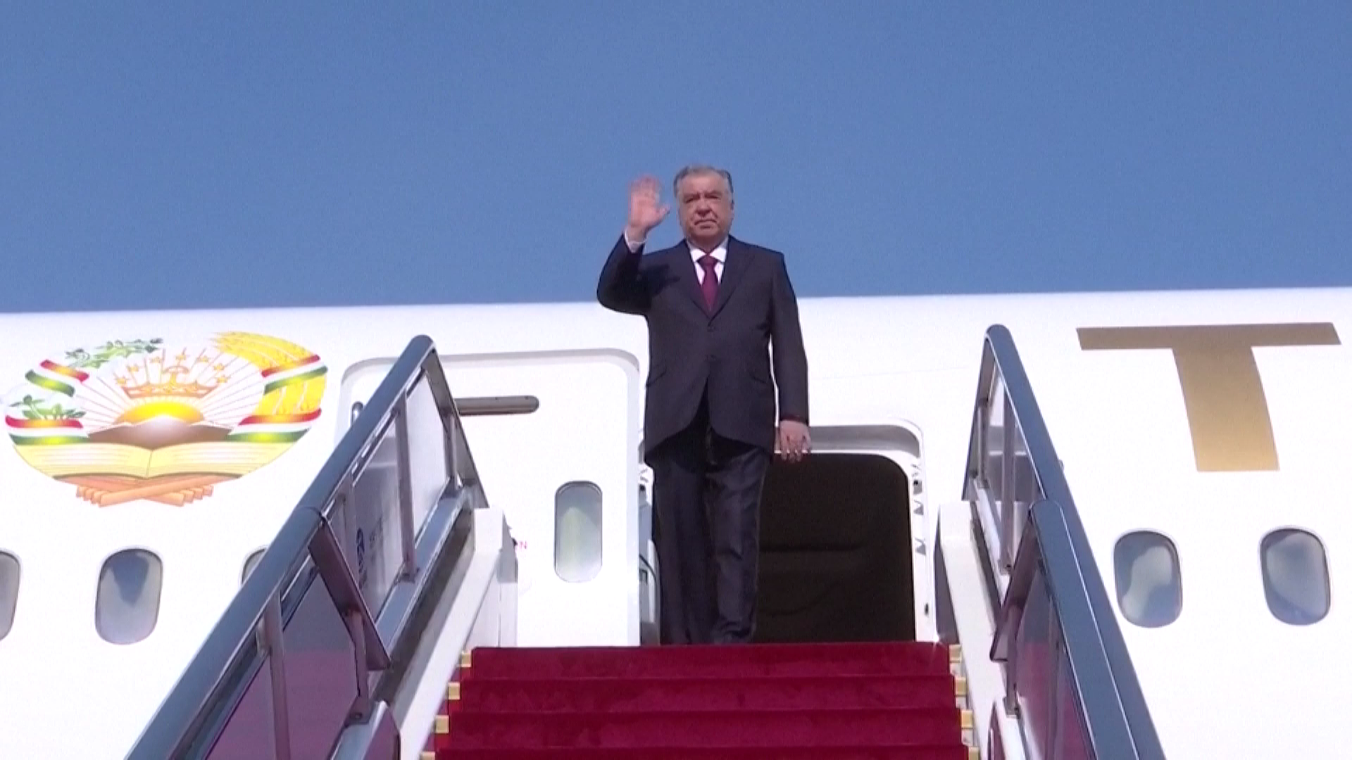A still from a video shows Tajik President Emomali Rahmon arriving in Beijing, China, May 11, 2026. /VCG