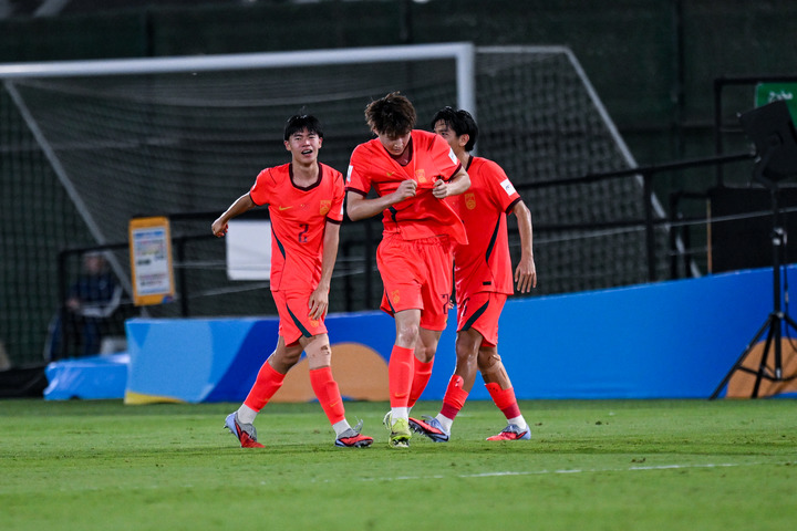 China's players celebrate after scoring a goal against Qatar in a Group B match at the AFC U17 Asian Cup in Jeddah, Saudi Arabia, May 12, 2026. /AFC