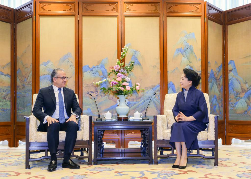 Peng Liyuan, wife of Chinese President Xi Jinping and a special envoy of the United Nations Educational, Scientific and Cultural Organization (UNESCO) for the advancement of girls' and women's education, meets with Khaled El-Enany, director-general of UNESCO in Beijing, capital of China, May 12, 2026. /Xinhua