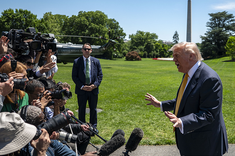 US President Donald Trump talks to the media before leaving the South Lawn of the White House, Washington DC, USA, May 12, 2026. /VCG