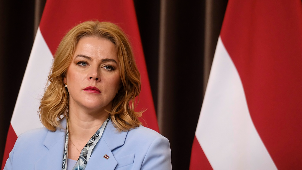 Latvian Prime Minister Evika Silina attends a press conference after a meeting in Tallinn, Estonia, on April 17, 2026. /VCG