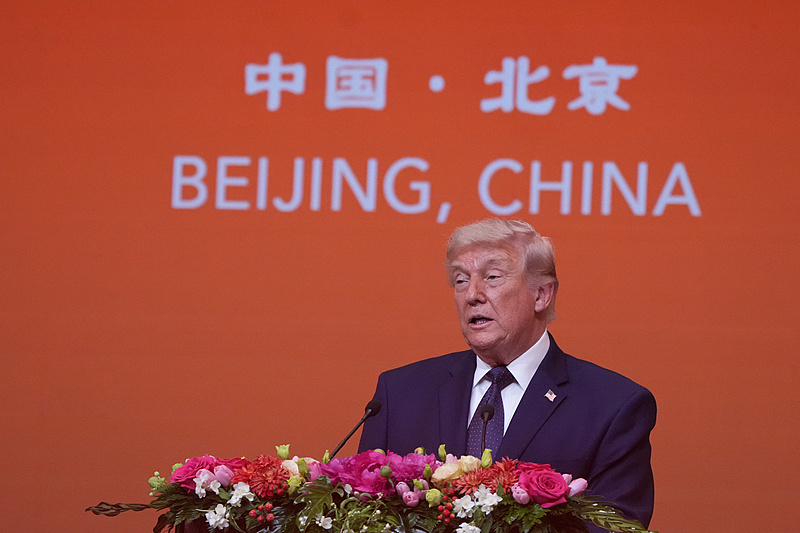 US President Donald Trump speaks during a state dinner at the Great Hall of the People in Beijing, May 14, 2026. /CFP