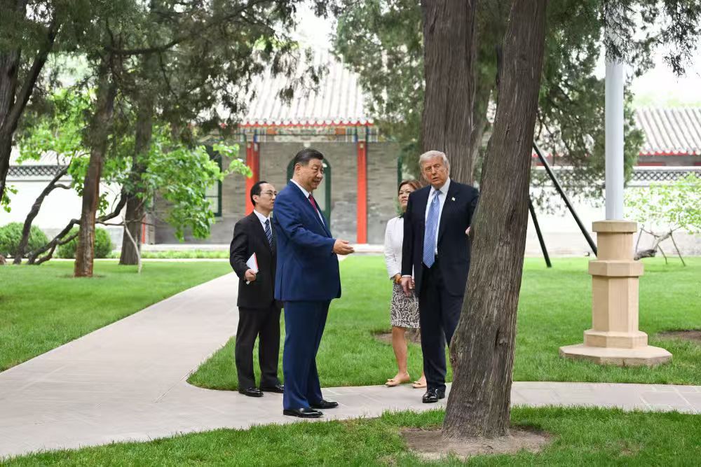 Chinese President Xi Jinping and US President Donald Trump admire an ancient tree at Zhongnanhai, Beijing, capital of China, May 15, 2026. /Xinhua