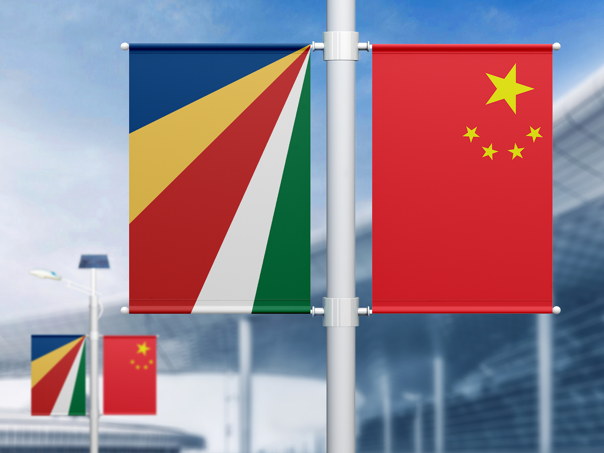 National flags of China (R) and Seychelles. /VCG
