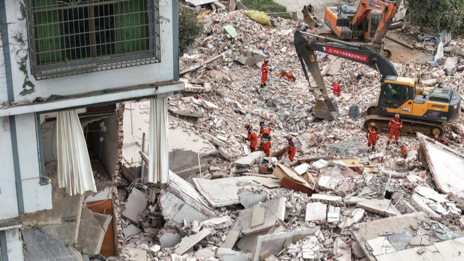 An aerial drone photo shows rescuers carrying out rescue operations after an earthquake in Taiyangcun Community of Taiyangcun Town, Liuzhou City, south China's Guangxi Zhuang Autonomous Region, May 18, 2026. /Xinhua 