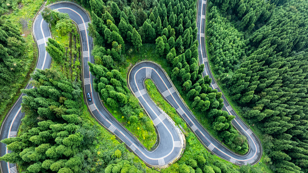 A bird's-eye view of the winding Yingzhong Road cutting through the Giant Panda National Park in Shifang, Deyang City, southwest China's Sichuan Province, September 1, 2025. /VCG