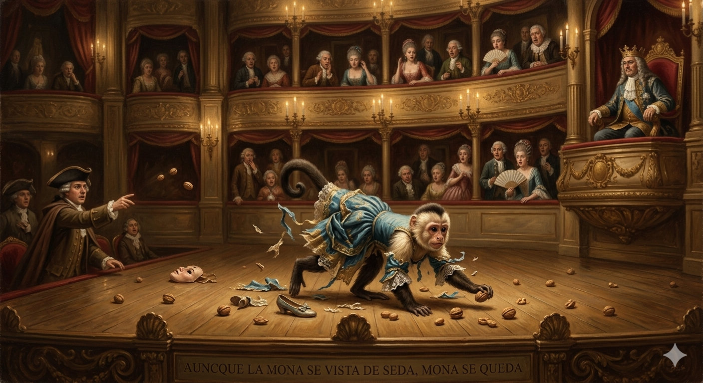 An AI-generated illustration of the Spanish 'monkey, clothed in silk, will a monkey still remain,' based on the story by 18th-century fabulist Tomas de Iriarte.