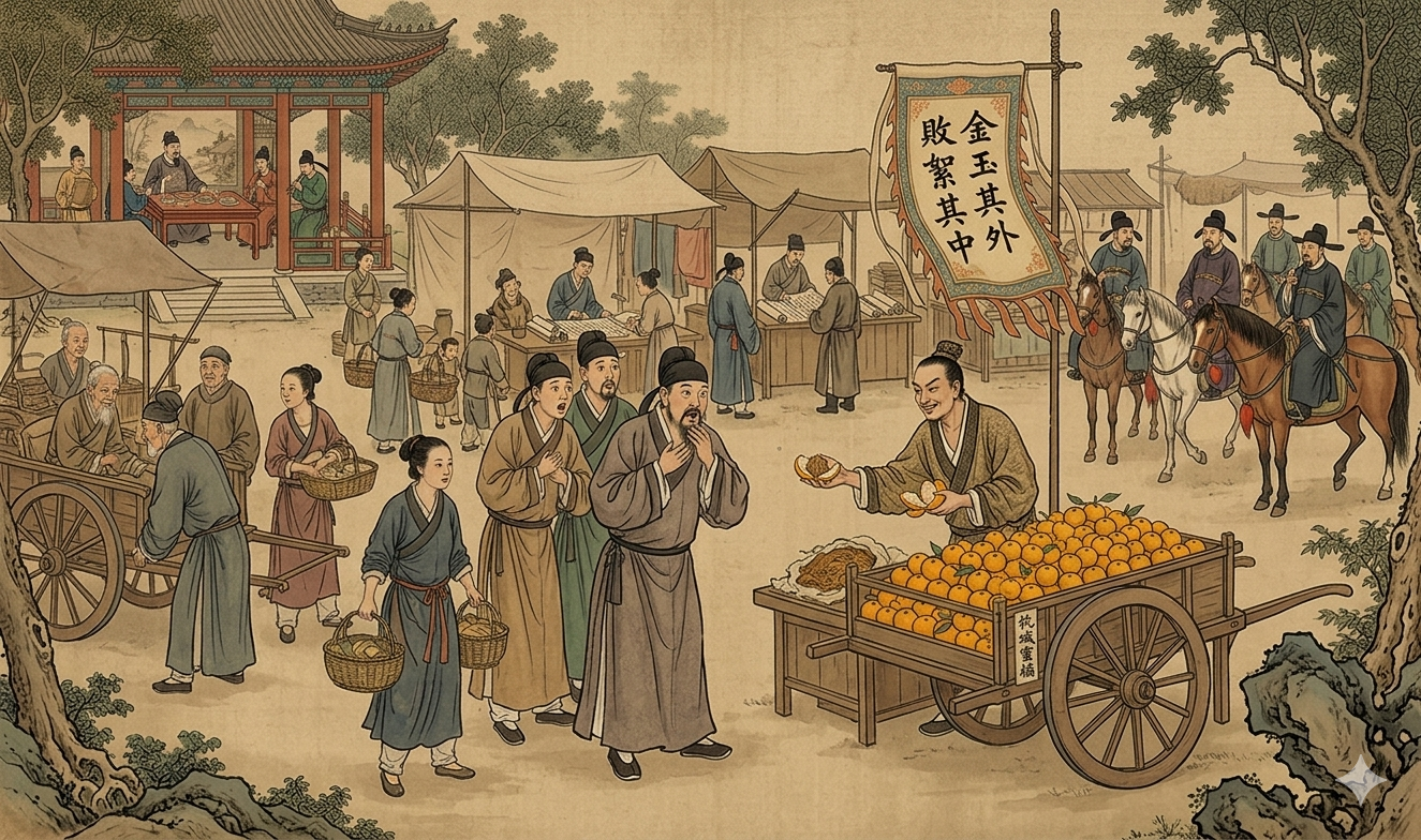  An AI-generated illustration of the 'Words of the Orange Seller' classical satirical prose written by Liu Ji, a scholar and strategist of the early Ming Dynasty (1368-1644).