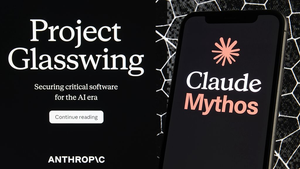 The Claude Mythos application logo against a dark background with text about Anthropic's Project Glasswing initiative. /VCG