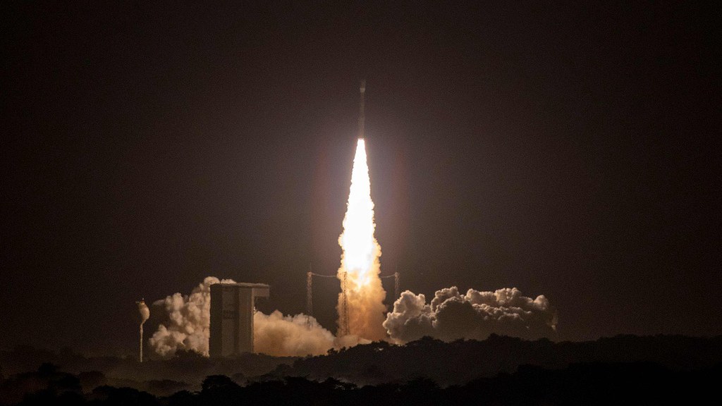 A Vega-C rocket, carrying the SMILE satellite, blasts off Europe's Spaceport in French Guiana, May 19, 2026. /VCG