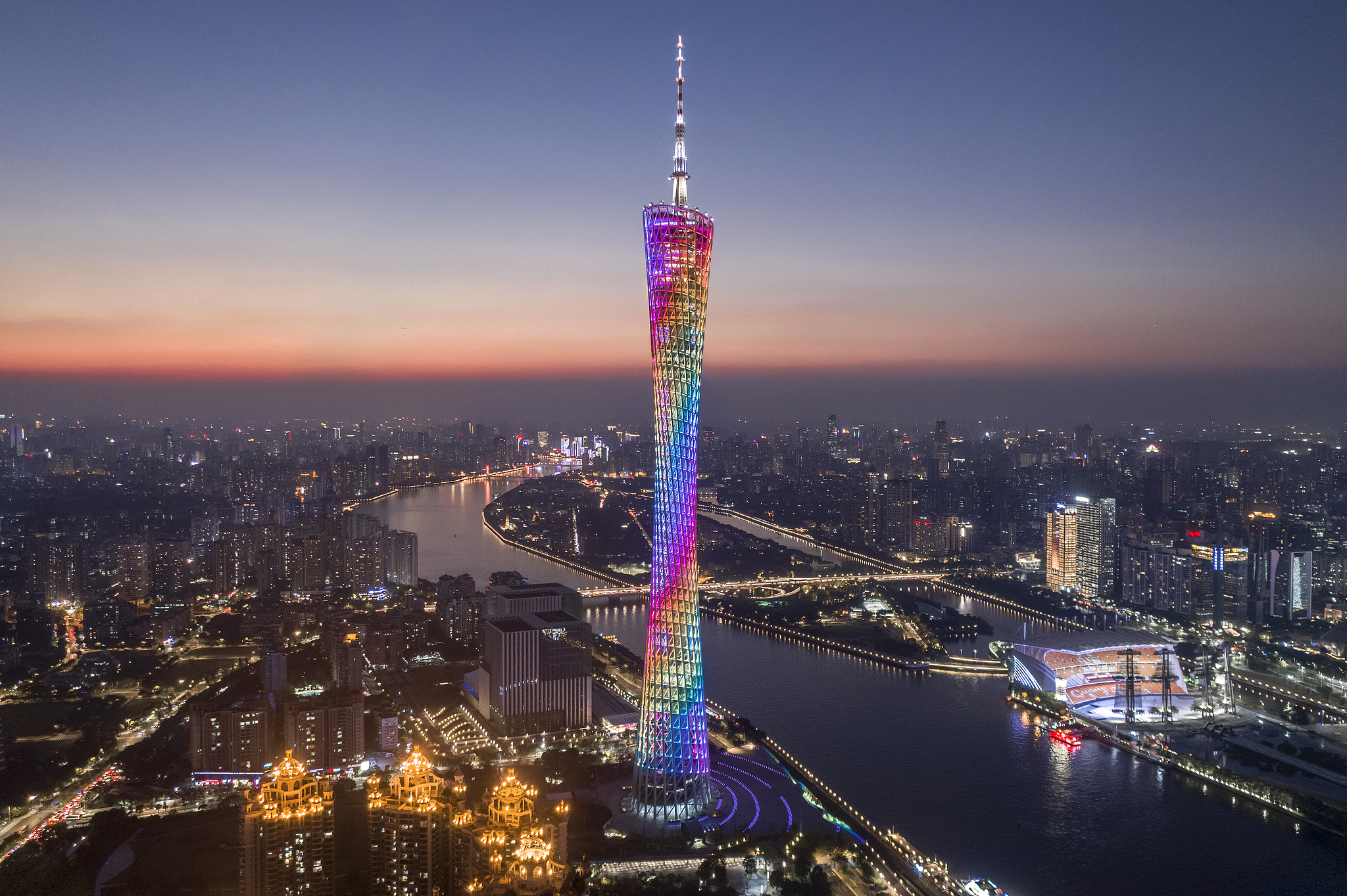 An aerial view of Canton Tower, one of the most iconic landmarks of Guangzhou in south China's Guangdong Province. /VCG