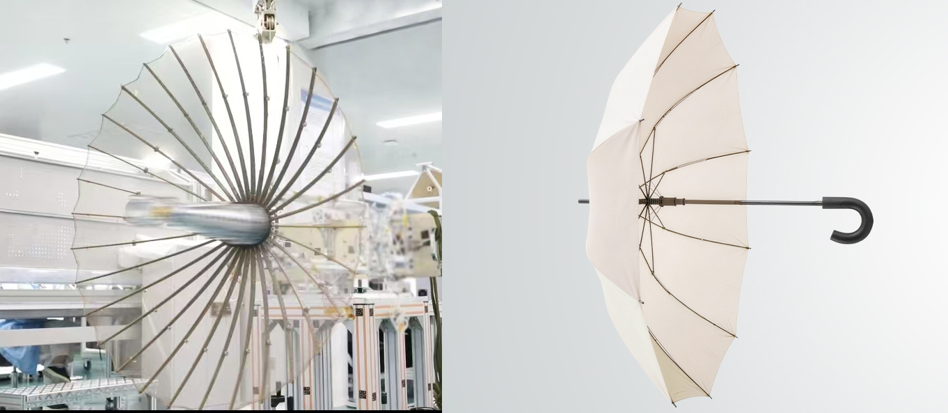 An image of the high-performance deployable 'space umbrella' antenna (L) is juxtaposed with an image of an open umbrella to show the similarities in the open shape design. /Galaxy Space
